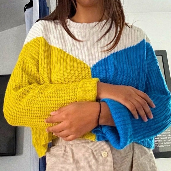 Sincerly Jules Sweaters - Sincerely Jules Colorblock Cropped Sweater Blue Yellow White
